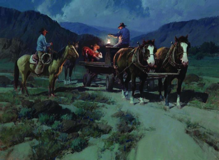 Bill Anton painting of carriage and horses in the desert at night
