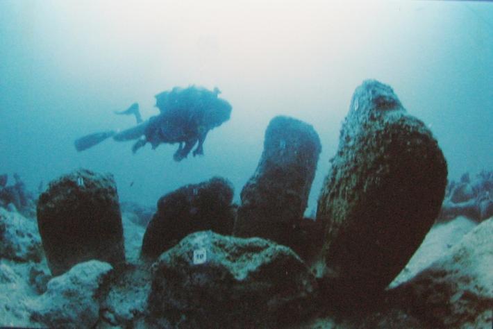 A diver swims past remains of the megalithic stone circle at Atlit-Yam off the coast of Israel.