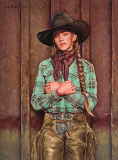 Carrie Ballantyne painting of a young blonde girl in cowboy hat, flannel shirt, and chaps, standing beside a barn