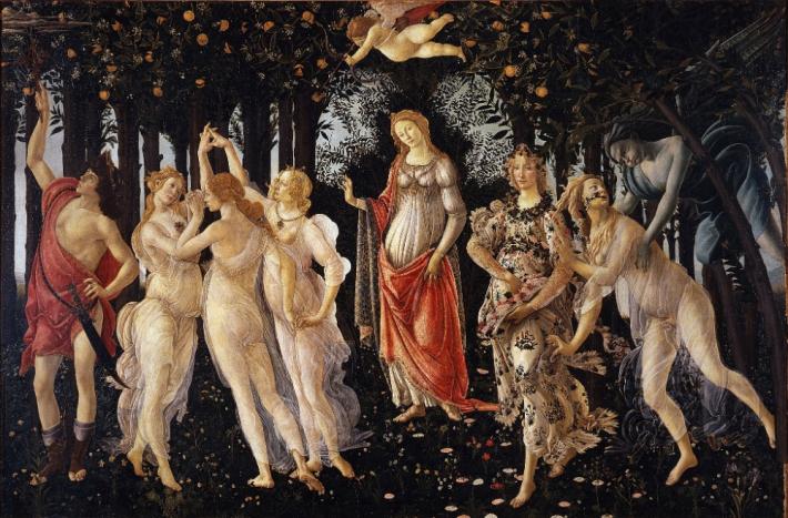 Botticelli's Primavera, a goddess with flowing hair surrounded by other greek gods in a forest