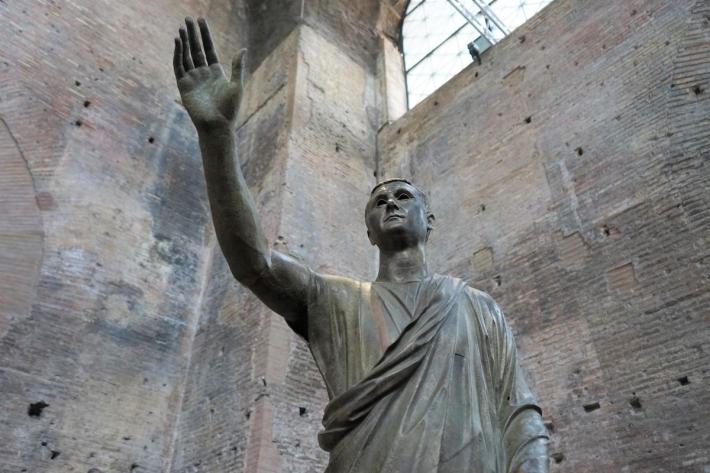 A bronze statue of a Roman magistrate in a toga, known at the Arringatore. From the 2nd century BC, Perugia
