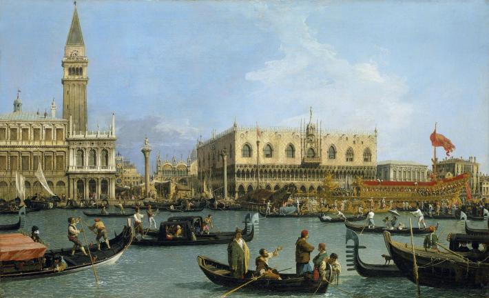 Canaletto painting of Venice with the waterway full of boats
