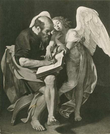 Saint Matthew and the Angel (1602). 295 × 195 cm (116 × 77 in). Destroyed in 1945, formerly the Kaiser Friedrich Museum, Berlin. Wikimedia Commons
