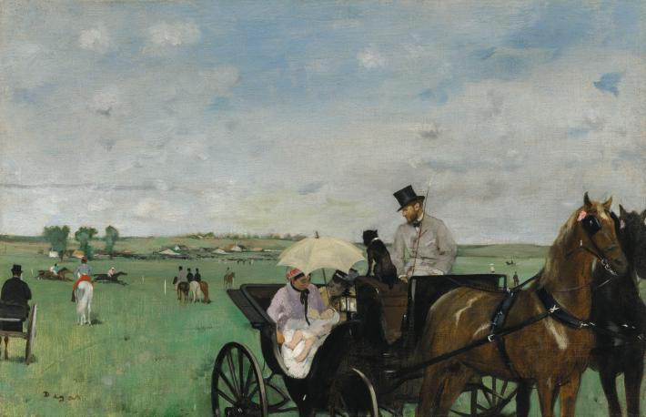 Degas painting of a horse carriage and people in a green pasture