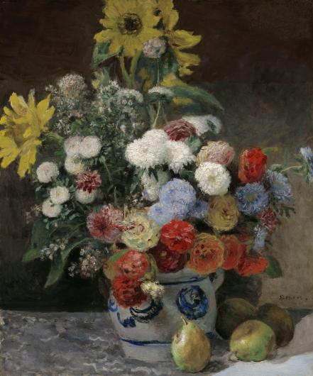 Renoir still life of colorful flowers in a blue and white crock