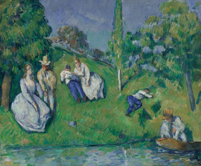 Cezanne painting of women in the grass beside a pond