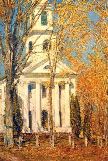 Childe Hassam painting of a white church with orange-leafed trees