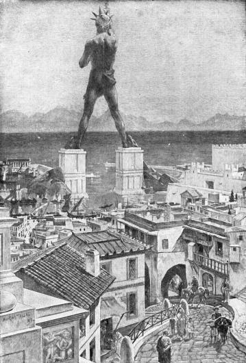 The Colossus of Rhodes as imagined by an artist for the 1911 Grolier Society publication, The Book of Knowledge.