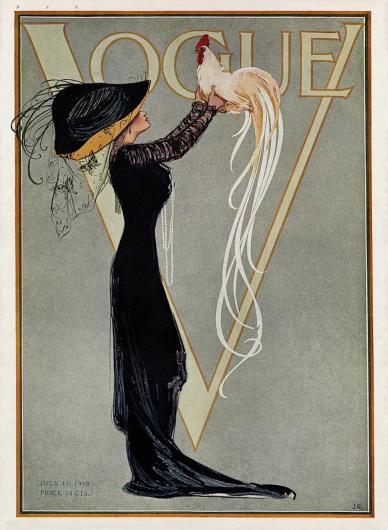 JG, Cover for Vogue, July 1910. Woman in black holds up a chicken with elaborate tail feathers. 