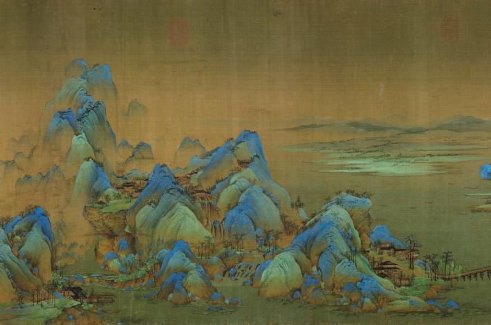 Detail of A Thousand Li of River and Mountains Wang Ximeng, Hand scroll in ink and color on silk (11.9m x 55.cm), between 1096-1110 Source- Wikimedia Commons detail