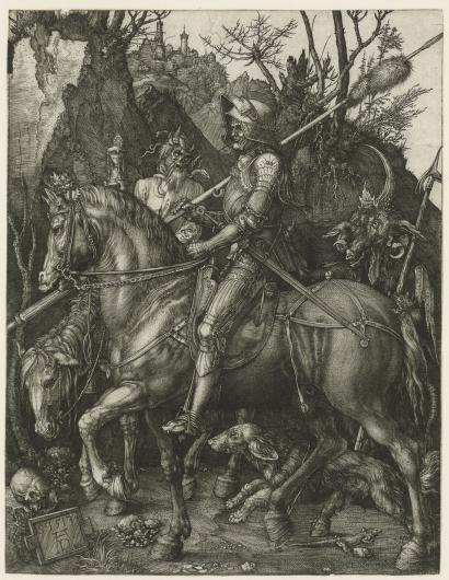 Durer print of a knight on a horse with a skull-faced demon and a hairy devil