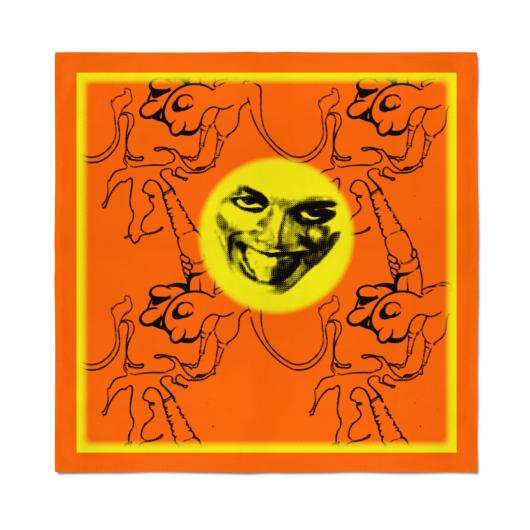 Juliana Huxtable designed orange bandana with yellow circle with face in it