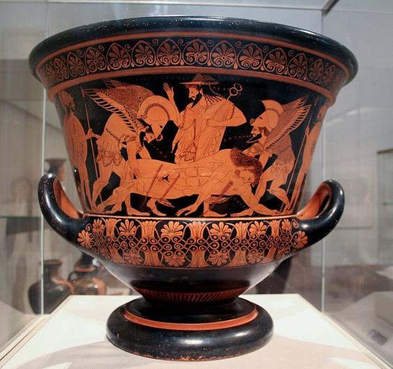 The Euphronios Krater, made in Athens, Greece ca. 515 BCE. Clay with red-figure painted decoration. 45.7 cm tall, 55.1 cm in diameter. Currently housed in the Cerveteri National Museum, Italy. Credit- Wikimedia, Ismoon. 