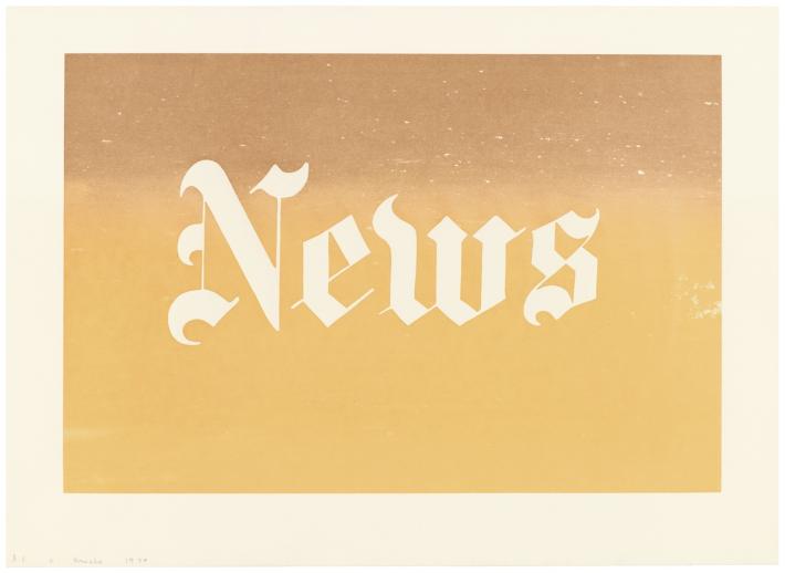 Ed Ruscha. News from News, Mews, Pews, Brews, Stews & Dues. 1970. One from a portfolio of six organic screenprints, 23 1/16 × 31 7/8″ (58.6 × 81 cm). The Museum of Modern Art, New York. Purchased through the generosity of Kathy and Richard S. Fuld, Jr. © 2023 Edward Ruscha. The Museum of Modern Art, Department of Imaging Services, photo Peter Butler