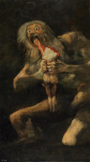 Francisco Goya, Saturn Devouring his Son,    1819- 1823. Oil Mural transferred to canvas.  56 in x 32  in. Museo del Prado, Madrid. 