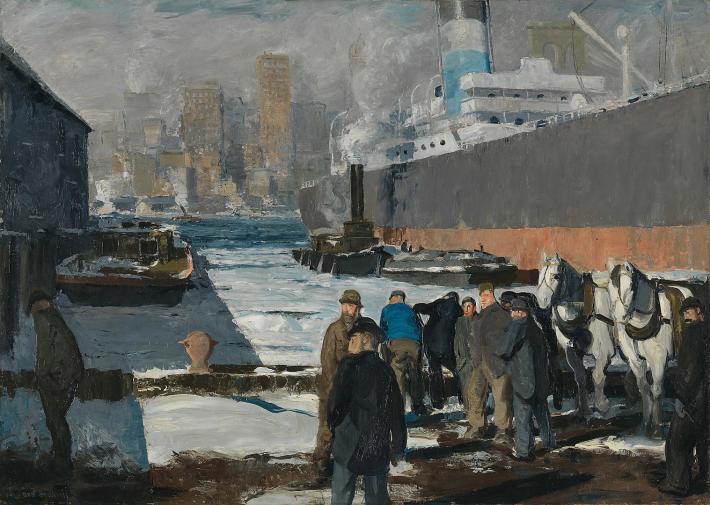 George Bellows painting Men of the Docks, a group of men in coats on a snowy day with an industrial scene in the background