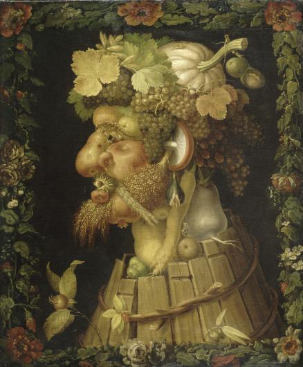 Arcimboldo painting of a man in profile constructed out of vegetables