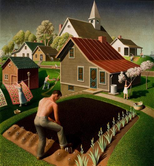 Grant Wood painting of a man working in a garden with houses and church in the background