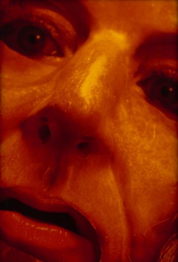 Cindy Sherman close-up photograph of the artist's face wearing a false nose
