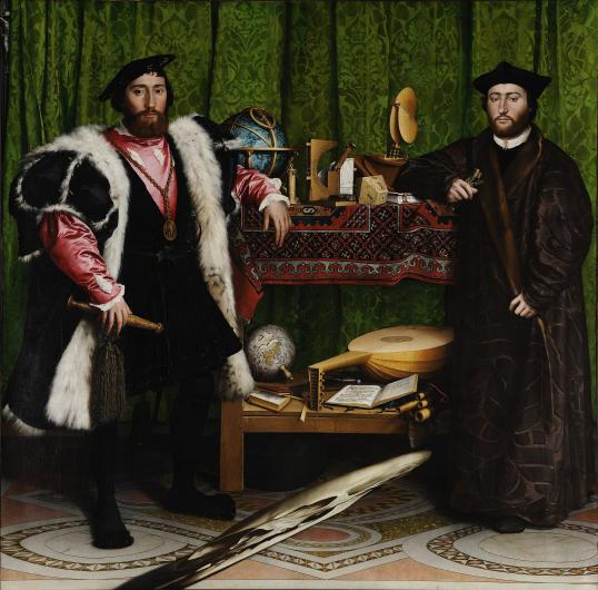 Hans Holbein the Younger painting The Ambassadors, two white men in elaborate garb stand beside a table covered in items with a green curtain behind them