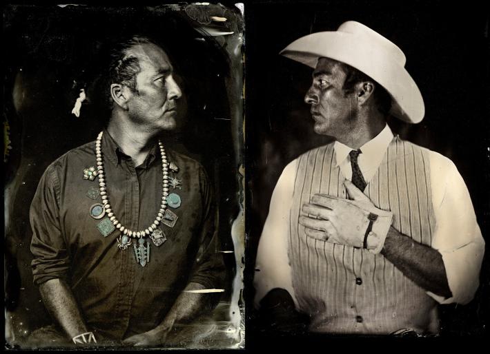 Wil Wilson photograph of one man dresses as a native american on the left, facing the same man dressed as a cowboy on the right