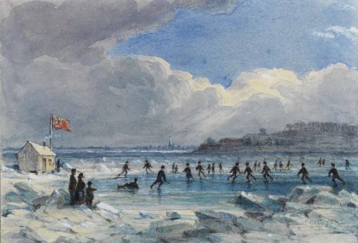 James Duncan, Canadian Watercolour, Skating on the St. Lawrence River, mid-19th century.