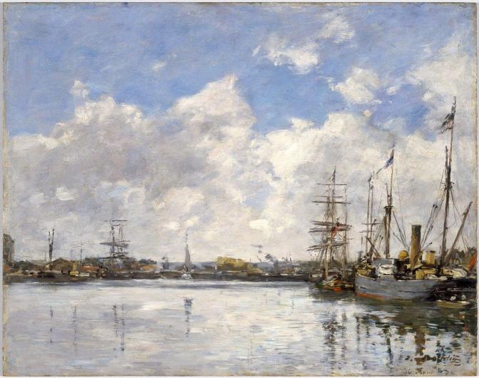 Eugène Boudin painting of a bay with ships with a blue sky and clouds