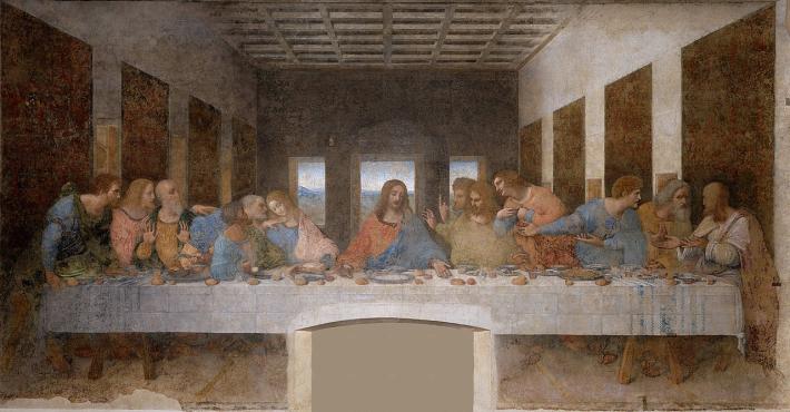 Leonardo Da Vinci, The Last Supper, 1495 - 1498. Tempera on gesso, pitch, and mastic. 15 x 28.8 feet. Milan, Italy, Santa Maria delle Grazie.