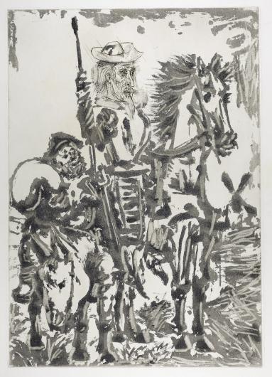 Pablo Picasso (1881–1973), Don Quichotte et Sancho Pança, en pied, etching with sugar-lift aquatint, scraper and burin, proof from the second state, 34.8 × 24.6 cm., ca. 1937.