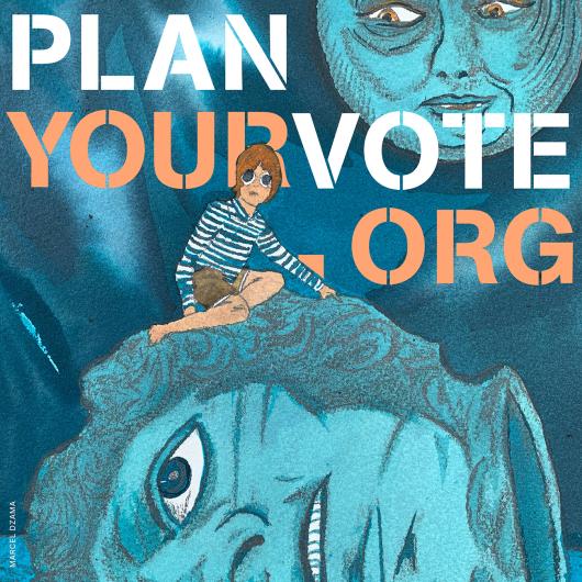 poster showing a young boy sitting on top of a severed head with a moon with a face watching over