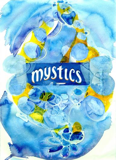 mystics logo play. The word is centered in the page, surrounded by watery blue background and abstract yellow shapes