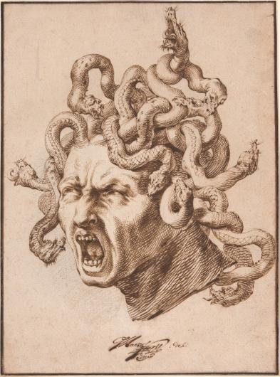 A sketch of Medusa’s head facing left. She is screaming, and her snakes’ faces are rat-like.