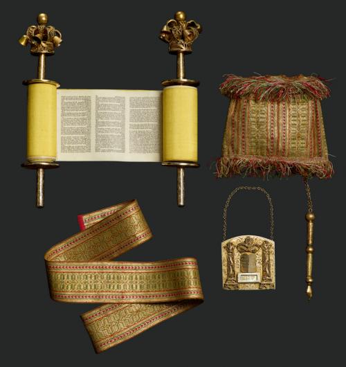 Miniature Torah Scroll With Gold Woven Mantle And Binder And Miniature Silver-Gilt Finials, Shield, And Pointer
