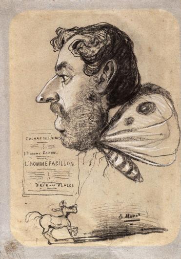 Claude Monet, Caricature of Jules Didier (“Butterfly Man”), drawing of a human head on a butterfly body with dog beneath him and text in french