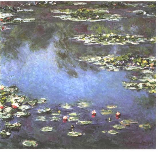 Monet painting of waterlilies with trees reflected