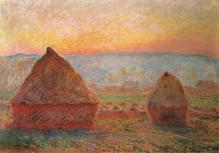 Claude Monet painting of triangular haystacks in the evening light