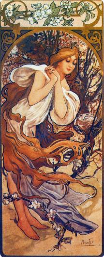 Alphonse Mucha poster of a female figure with flowing hair