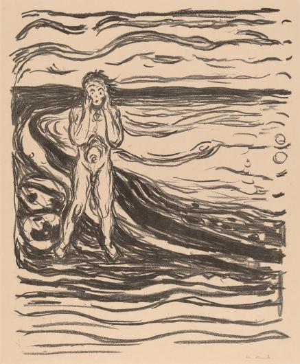Edvard Munch black on white print of a nude figure with hands at their face looking anguished in a wavy landscape
