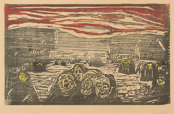Edvard Munch woodblock print of a crowd of figures beneath a wavy red sky