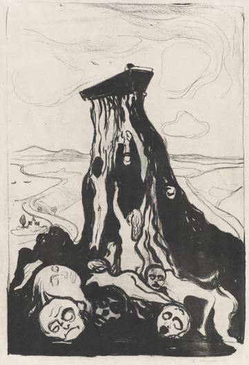 Edvard Munch black on white print of nude figures reaching up a black monolith