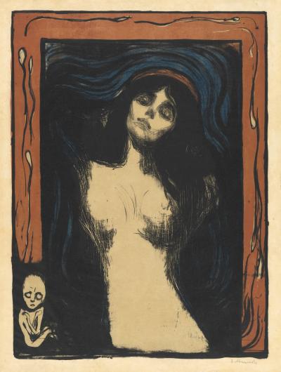 Munch print of a female Madonna figure, nude from the waist up, against a black background with brown frame