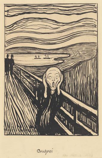 Edvard Munch black and white print of the scream, a figure calls on in anguish against a wavy landscape