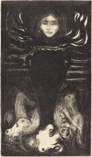Edvard Munch black and white print of a large black urn at the center, with a woman's face above and writhing female bodies below