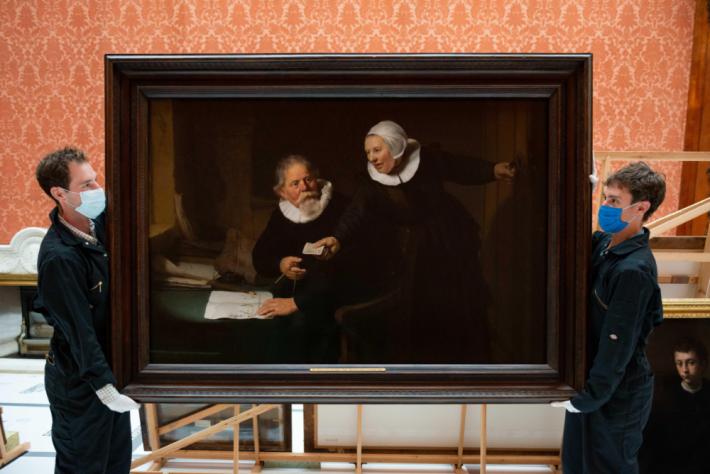 Royal Collection Trust staff move Portrait of Jan Rijcksen and his Wife, Griet Jans, (‘The Shipbuilder and his Wife’), 1633, by Rembrandt van Rijn.
