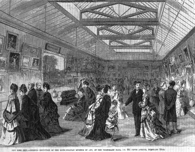 Opening reception of the Metropolitan Museum of Art, at the temporary hall, No. 681 Fifth Avenue, February 20th published in Frank Leslie's Illustrated Newspaper in 1872. Wood engraving.
