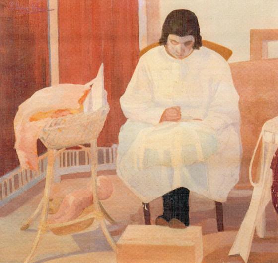 Petrona Viera, La Costura, date unknown. Oil on Canvas. Museo Juan Zorrilla de San Martin, Uruguay.  woman sitting next to crib rendered with flat planes in neutral, red-leaning tones. 
