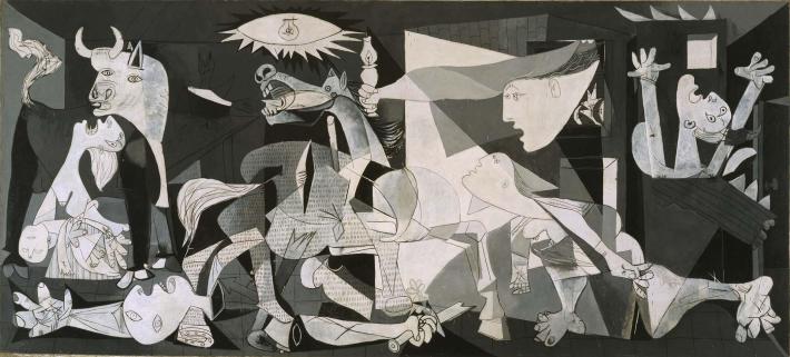 Picasso's Guernica painting in black and white with animals and people crying out in agony