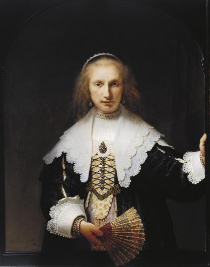Rembrandt portrait of a blonde woman wearing a large white lace collar
