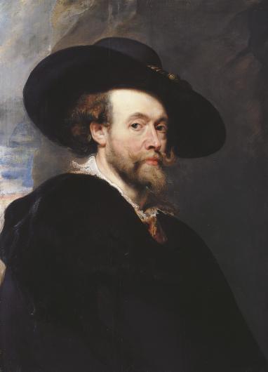 Rubens self-portrait: a white man with a beard and moustache wearing a large black hat and black jacket