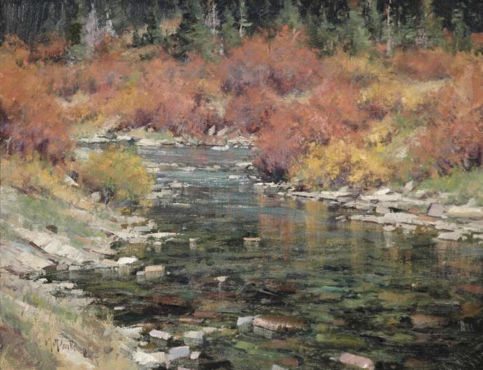 Matt Smith painting of a flat, shallow creek bed with red brush